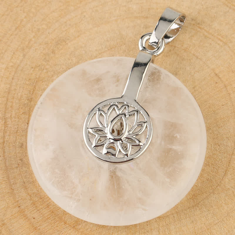Crystal Amethyst Pink Crystal Lotus Necklace – Rose quartz donut pendant bail detail on wood, lotus carving and milky translucence