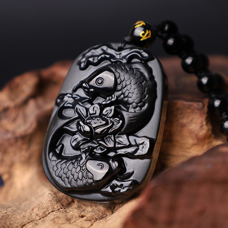 Black Obsidian Koi Fish Lotus Beaded Necklace – side angle view showing bead texture and shine, protection amulet