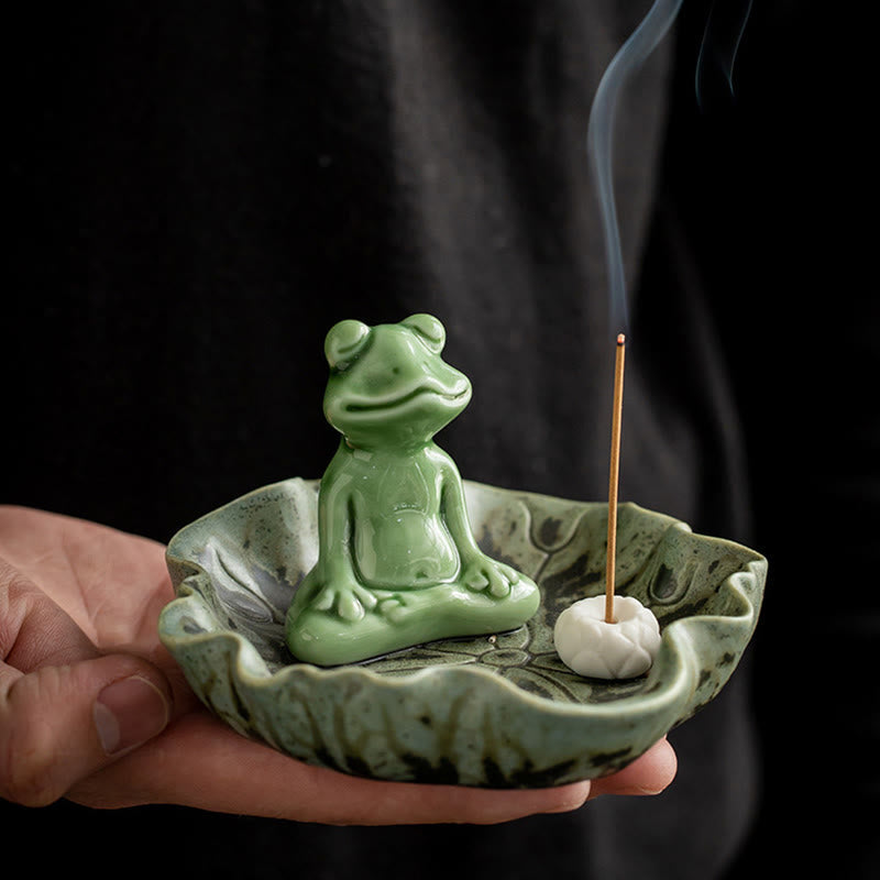 Ceramic Frog Incense Burner – Held in hand showing compact size, Smoke rising, Mindful