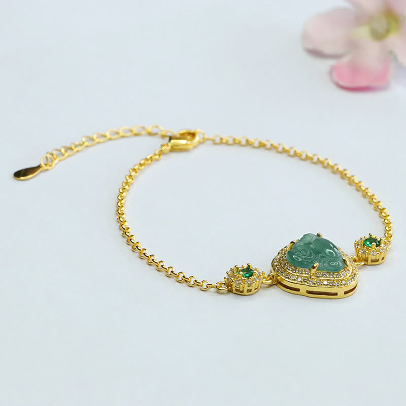 Green Jade Buddha Bracelet – wrist worn shot showing fit and drape, everyday elegant accessory