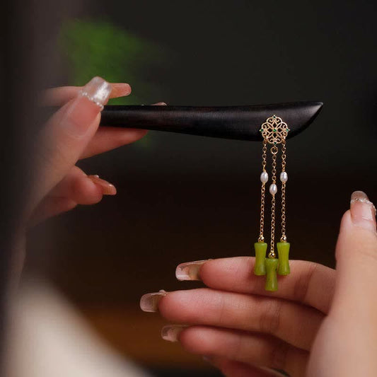 Peridot Ebony Wood Hairpin, black ebony hairpin with gold filigree and peridot bamboo pendant, hand held