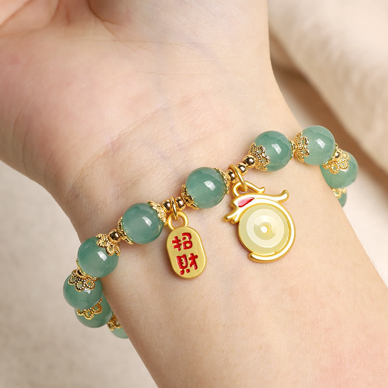Red Agate Aventurine Dragon Bracelet – Wrist close-up with jade-like beads and gold zodiac charm, Elegant