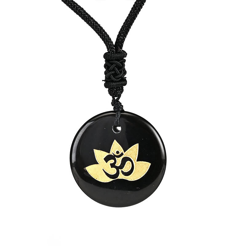 OM Lotus Amethyst Tiger Eye Pendant - glossy black obsidian disc with gold Om lotus, protective healing amulet