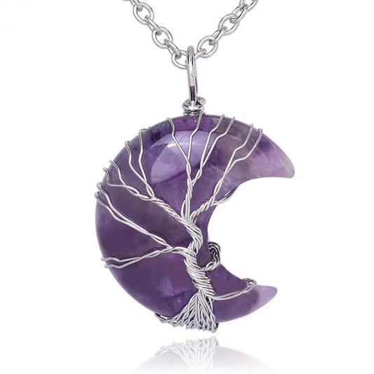 Quartz Crystal Moon Tree of Life Pendant – purple amethyst crescent with silver wire tree on white, healing crystal