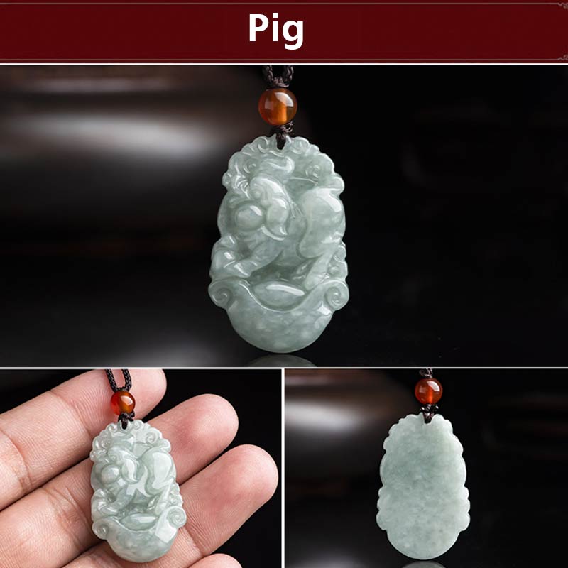 Natural Jade Chinese Zodiac Pendant – Pig nestled in ruyi clouds, abundance