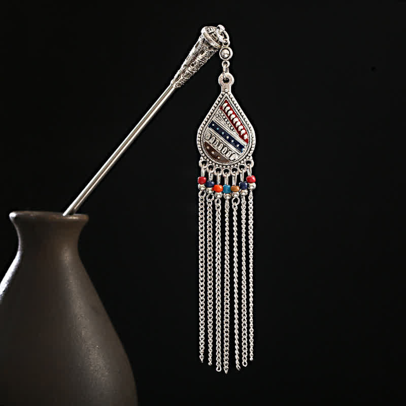 Water Drop-Colorful silver hairpin with multicolor bead teardrop pendant