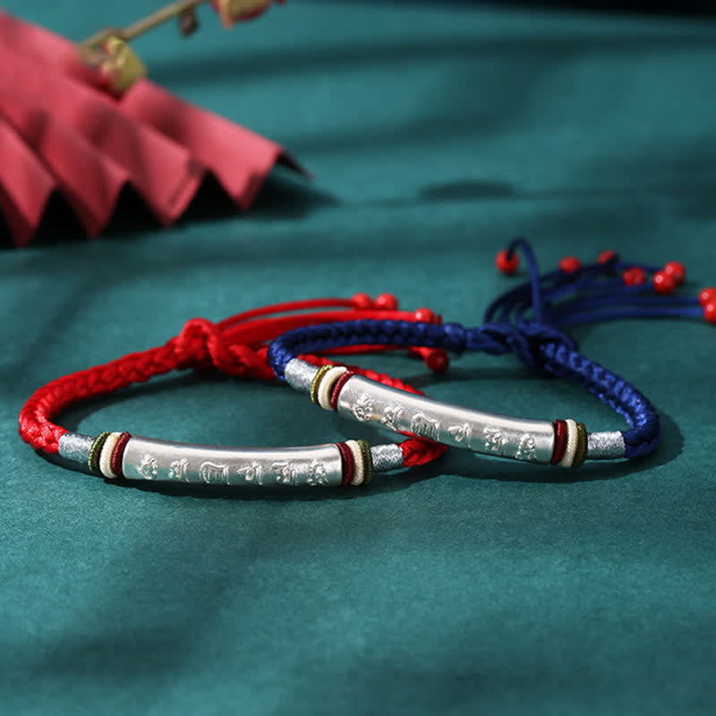 Om Mani Padme Hum Red String Bracelet – Red and blue cord bracelets with silver bars, paired set