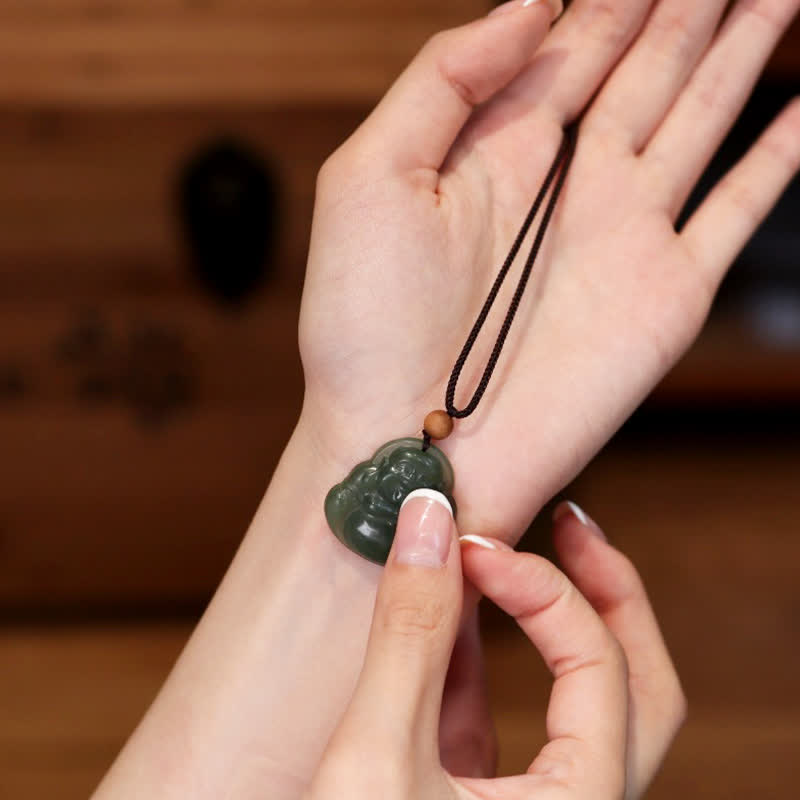 Laughing Buddha Hetian Jade Necklace – Adjustable healing calm string with jade drop, unisex wear