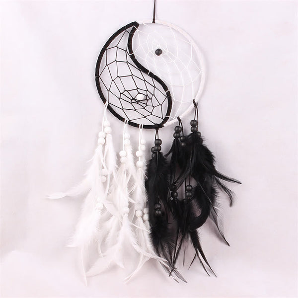 Yin Yang Dream Catcher with Feathers – Close-up dual hoop web with beads and feathers, handmade