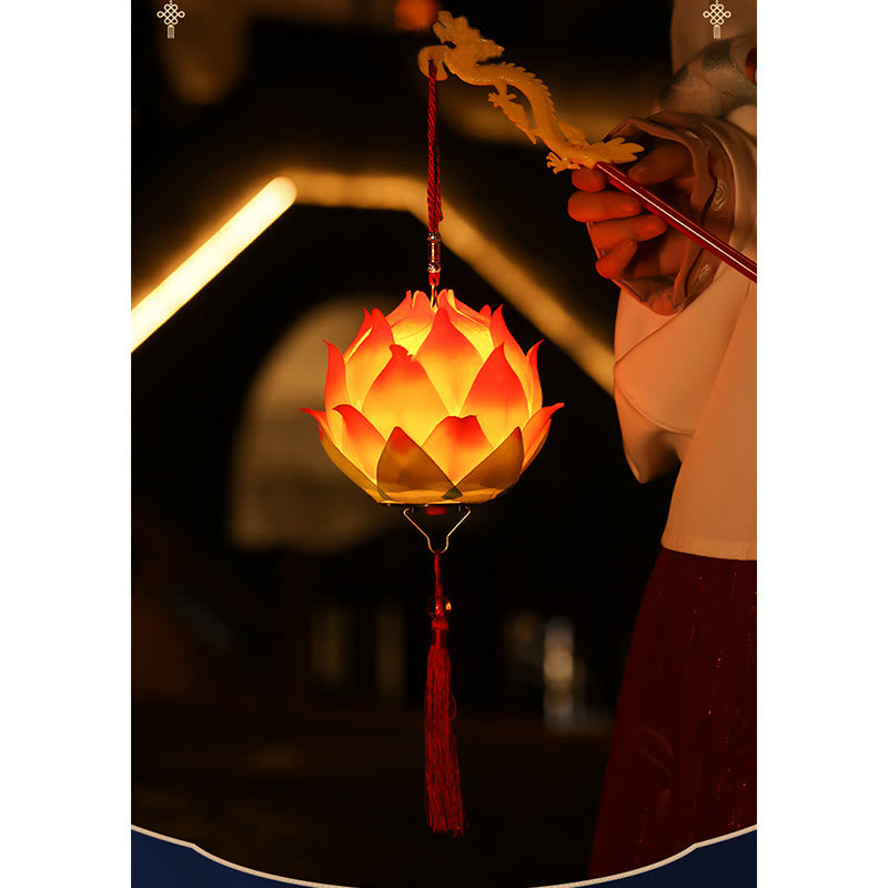 DIY Lotus Dragon Lantern Tassel Lamp – Golden lotus lantern with dragon stick against traditional architecture, Heritage night