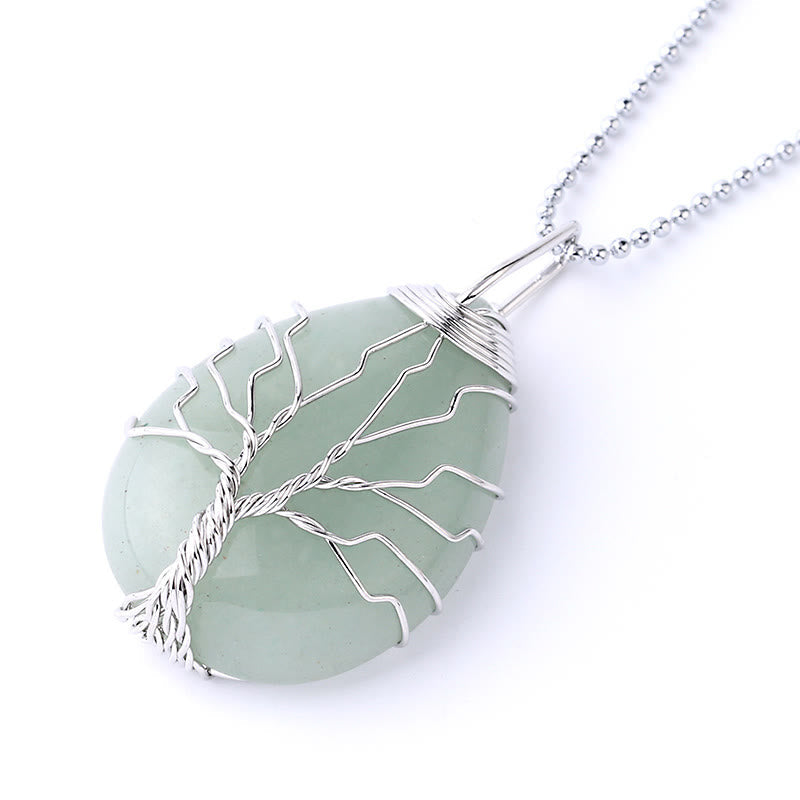 Quartz Crystal Tree of Life Necklace – green aventurine pendant, silver wire tree, three-quarter, prosperity
