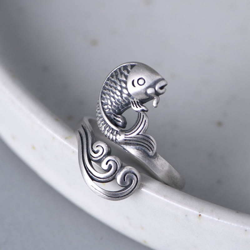 925 Sterling Silver Koi Ring – macro detail of fish tail fin and water ripples engraved on sterling silver, luck jewelry