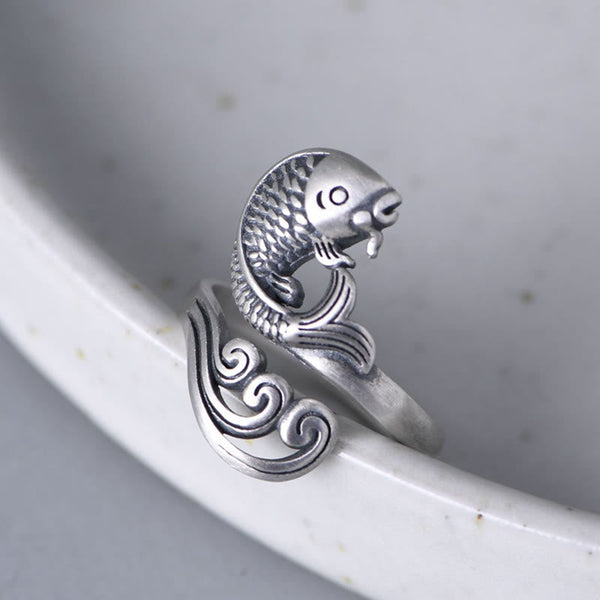 925 Sterling Silver Koi Ring – macro detail of fish tail fin and water ripples engraved on sterling silver, luck jewelry