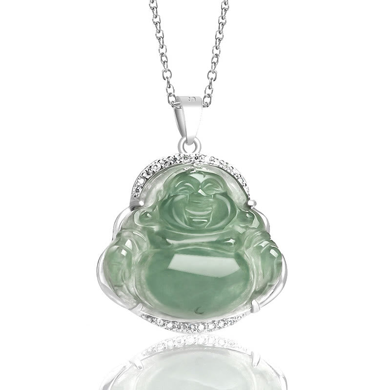 Laughing Buddha Natural Jade Luck Prosperity Necklace Titanium Steel Pendant – Hand-carved jade Buddha charm piece