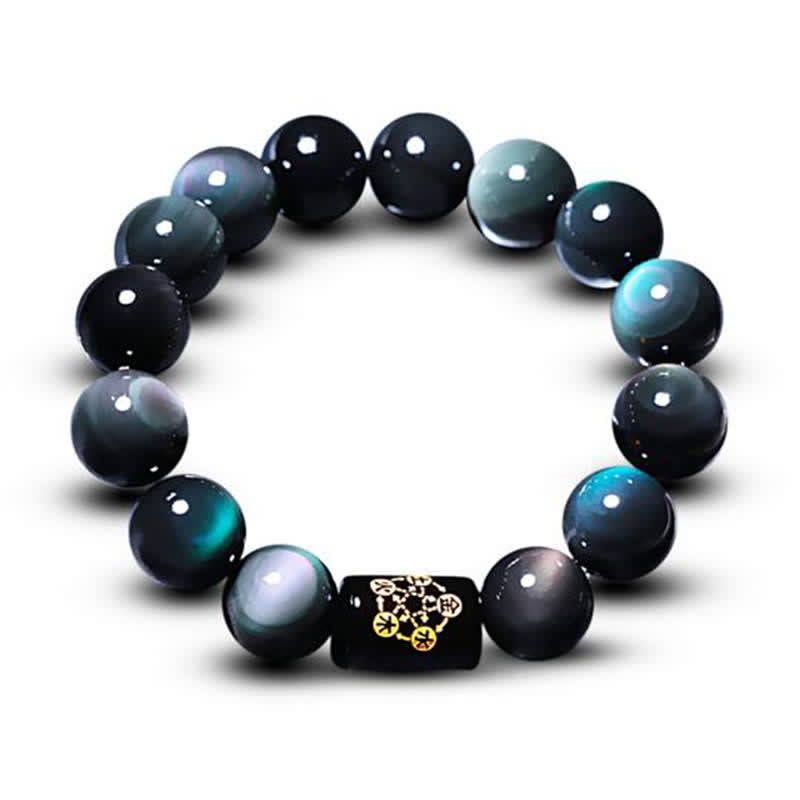 Obsidian Protection Set – rainbow obsidian bracelet gold inlay white background, iridescent flash