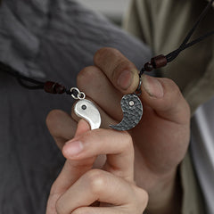 Sterling Silver Yin Yang Pendant - Couples holding matching yin-yang halves on black cord, relationship jewelry lifestyle sho