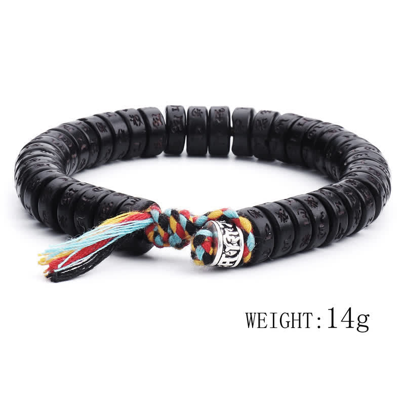Coconut Shell Mantra Bracelet - Complete bracelet with tassel closure, 14g weight, black coconut prayer beads