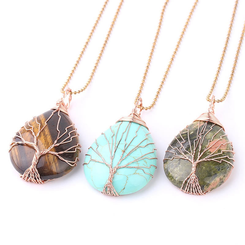 Quartz Crystal Tree of Life Necklace – three pendants, tiger eye turquoise unakite, rose gold wire, variety