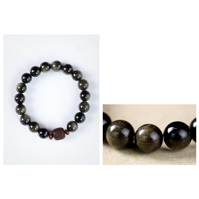 Gold Sheen & Rainbow Obsidian Fu Bracelet – on red textured background, gemstone bead bracelet
