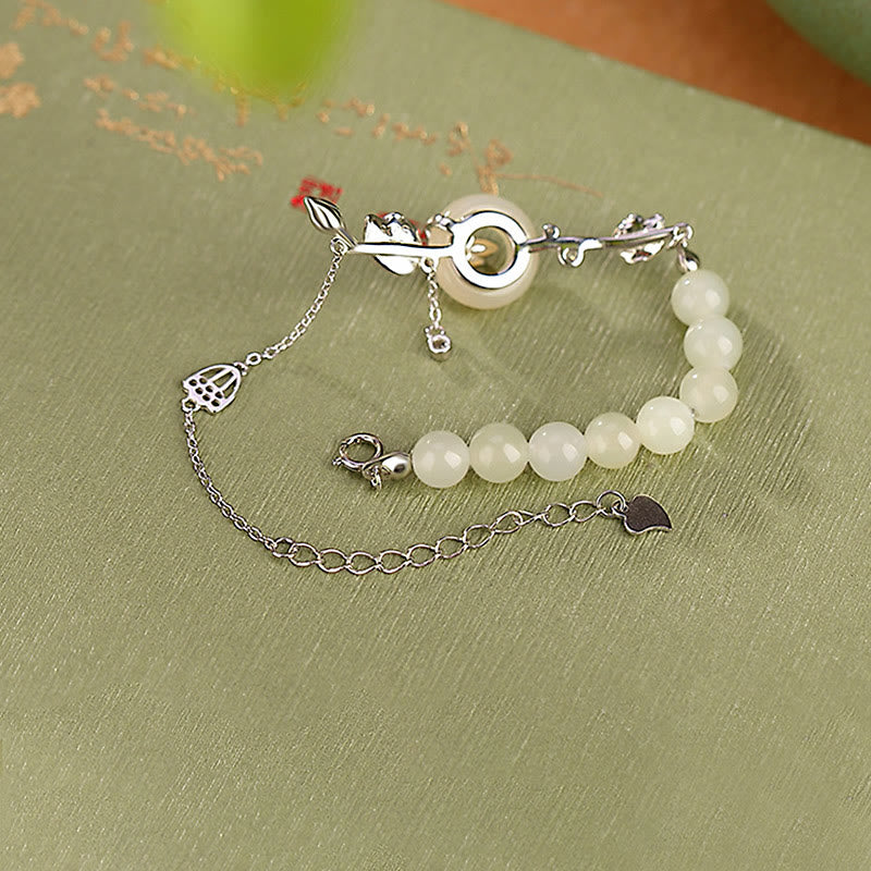 Sterling Silver Hetian Jade Peace Buckle Bracelet - jade beads with silver branch clasp detail
