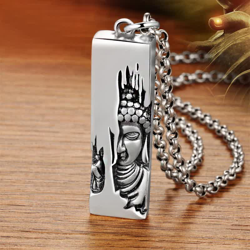 Tathagata Buddha Copper Amulet Necklace – angled side view of rectangular Buddha pendant with silver chain, 45degree, texture
