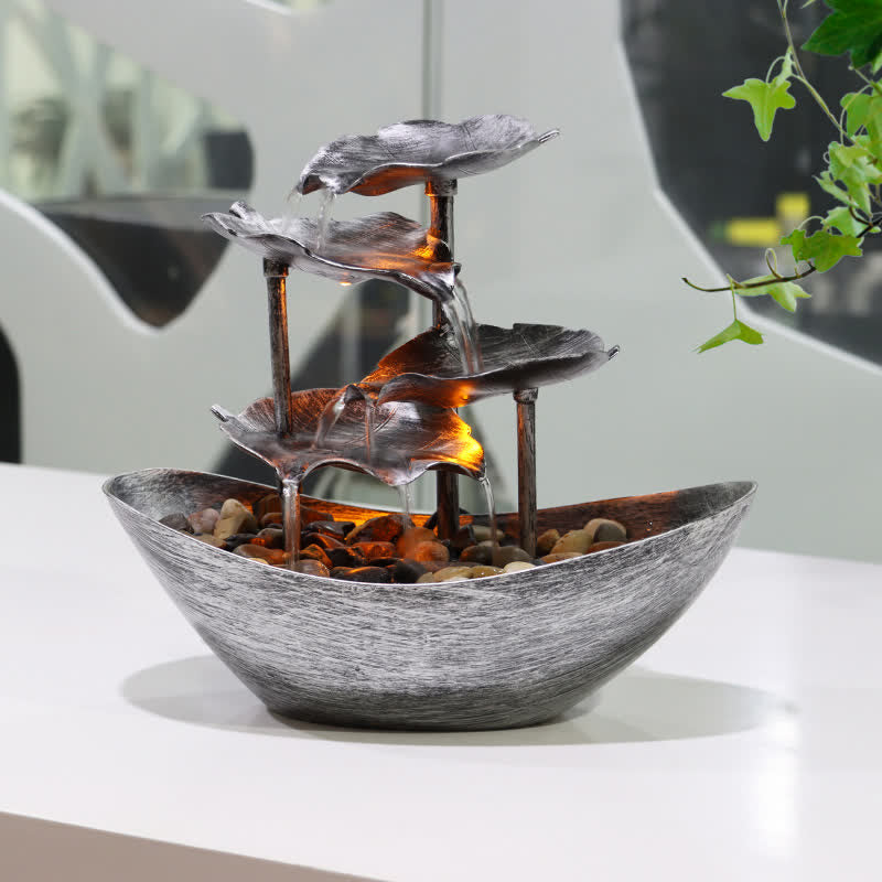 Lotus Leaf LED Waterfall Fountain - silver cascade on white modern tabletop, indoor fountain