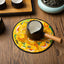 Dragon Embroidery Tea Cup Coaster Mat - imperial yellow dragon with teapot on wood table, tea ceremony setting