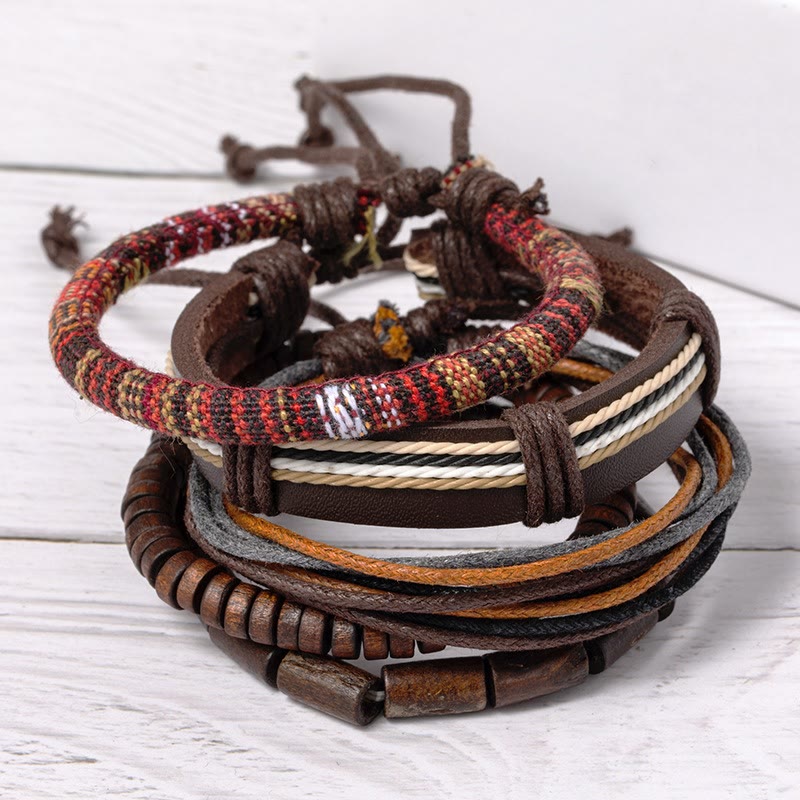 Red Sandalwood Hemp Leather Wrap Bracelet – stacked leather wooden bead and woven fabric bracelets, whitewashed wood surface