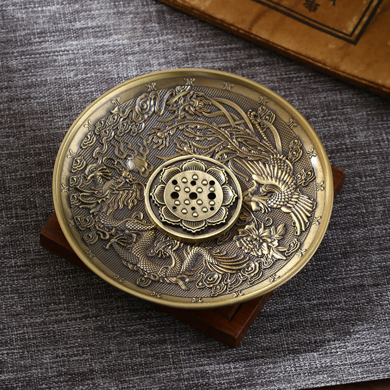 Brass Dragon Phoenix Incense Burner – dragon and phoenix relief on base plate, traditional