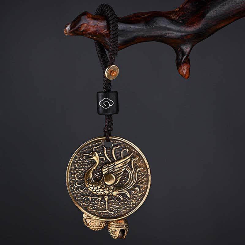 Four Symbols Constellation Key Chain - Phoenix fenghuang brass pendant with hanging bells on dark backdrop, Auspicious