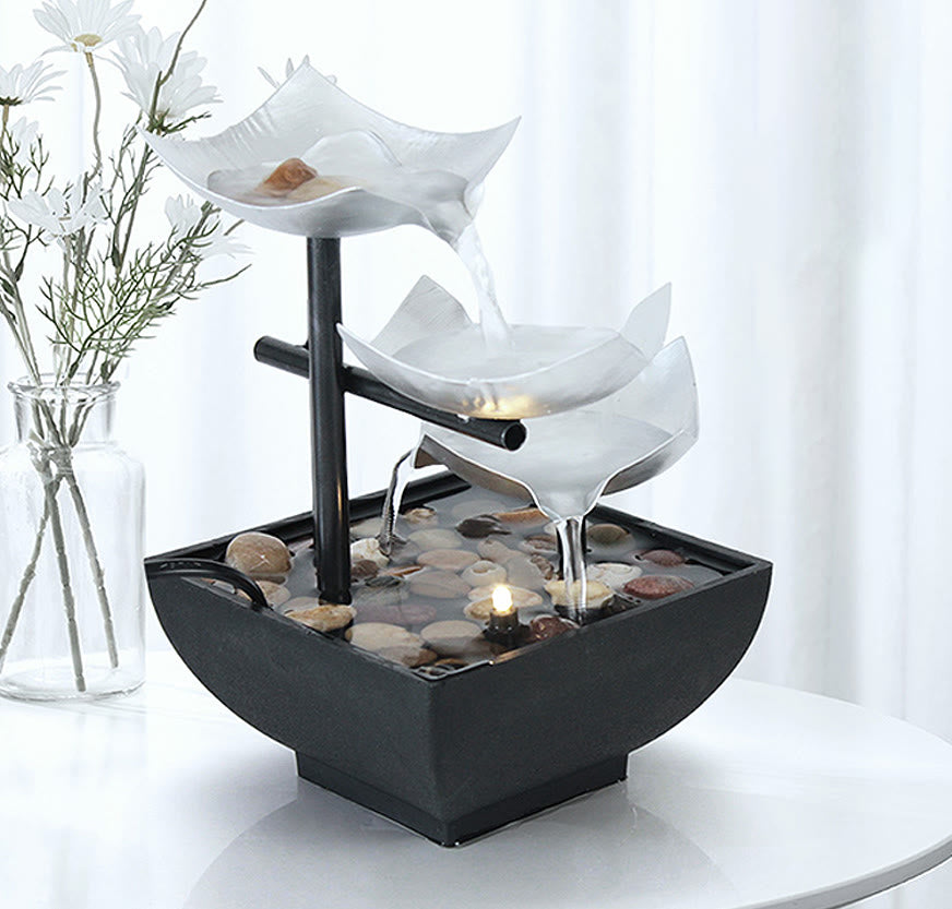 Three Layers Lotus Waterfall Fountain - Translucent white lotus tiers with flowers and curtains, Relaxing