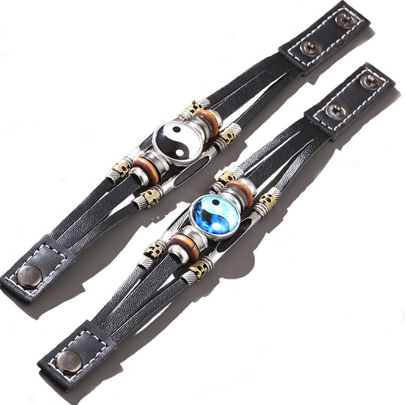 Yin Yang Leather Balance Bracelet - Two variants black and blue yin-yang on leather, men charm bracelet