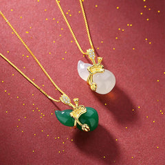 Cyan Jade Gourd Pendant Necklace - green and white jade dual gourd pendants on gold chains, color comparison