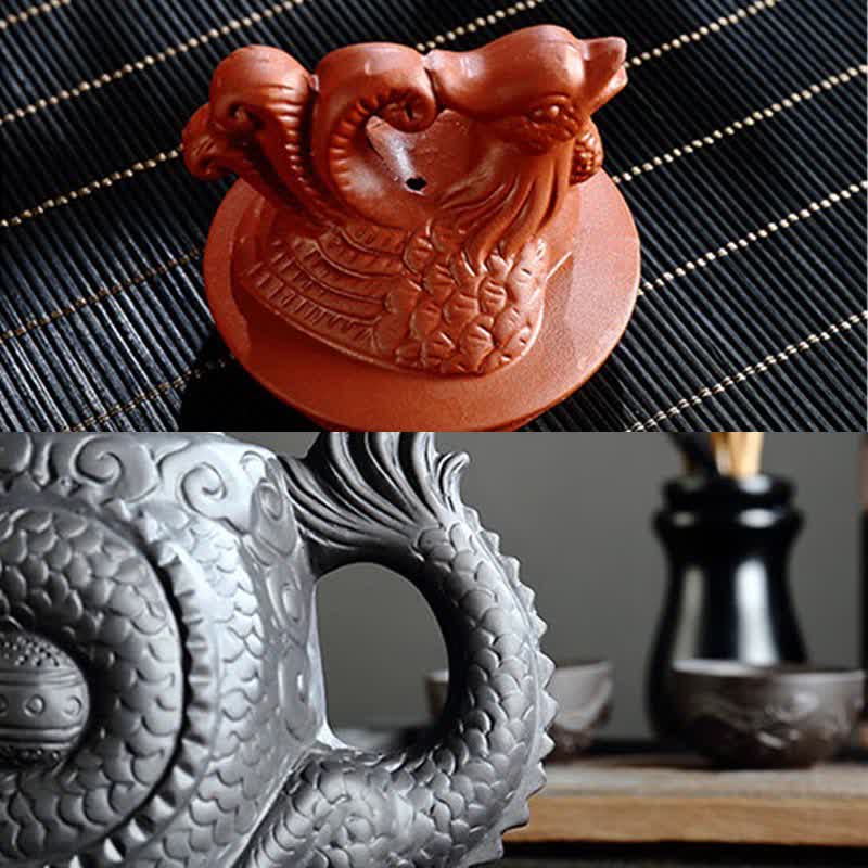 Vintage Dragon Phoenix Purple Clay Teapot – lid finial sculptural detail and dragon scale texture close-up, hand-carved craft