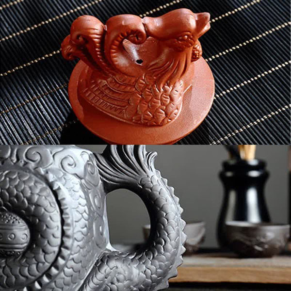 Vintage Dragon Phoenix Purple Clay Teapot – lid finial sculptural detail and dragon scale texture close-up, hand-carved craft