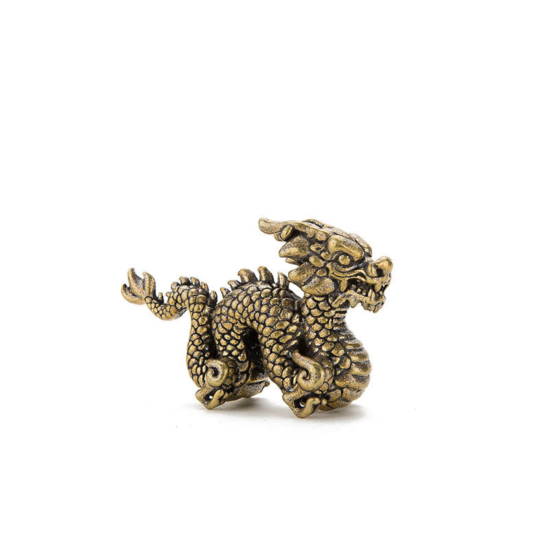 Auspicious Brass Dragon Decoration - Three-quarter profile on white, aged patina scales, success charm