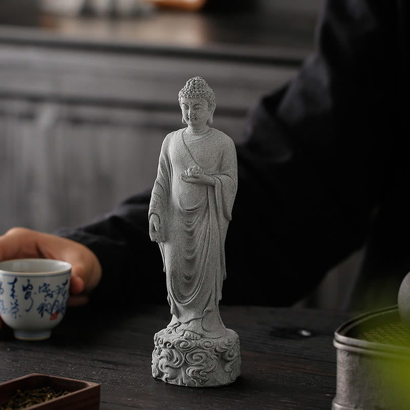 Auspicious Clouds Buddha – sandstone texture meditating figure, home decor spiritual accent