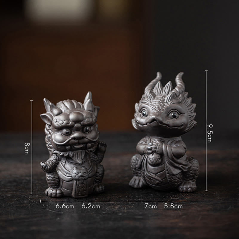 Luck Dragon Purple Clay Tea Pet - product specs and dark lifestyle views, overview