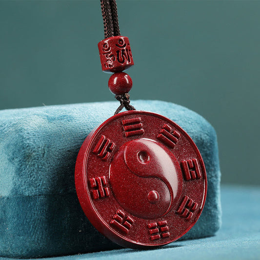 Cinnabar Yin Yang Bagua Blessing Necklace Pendant – carved yin-yang disc with trigrams, cinnabar