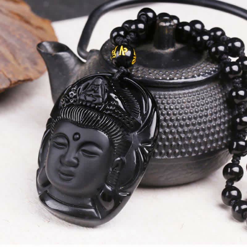Black Obsidian Avalokitesvara Pendant - Guanyin relief with Amitabha in crown, gold prayer bead, Grounding