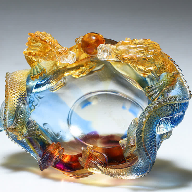 Liuli Dragon Treasure Bowl – Purple-blue iridescent glass with golden dragon scale detail, Wealth