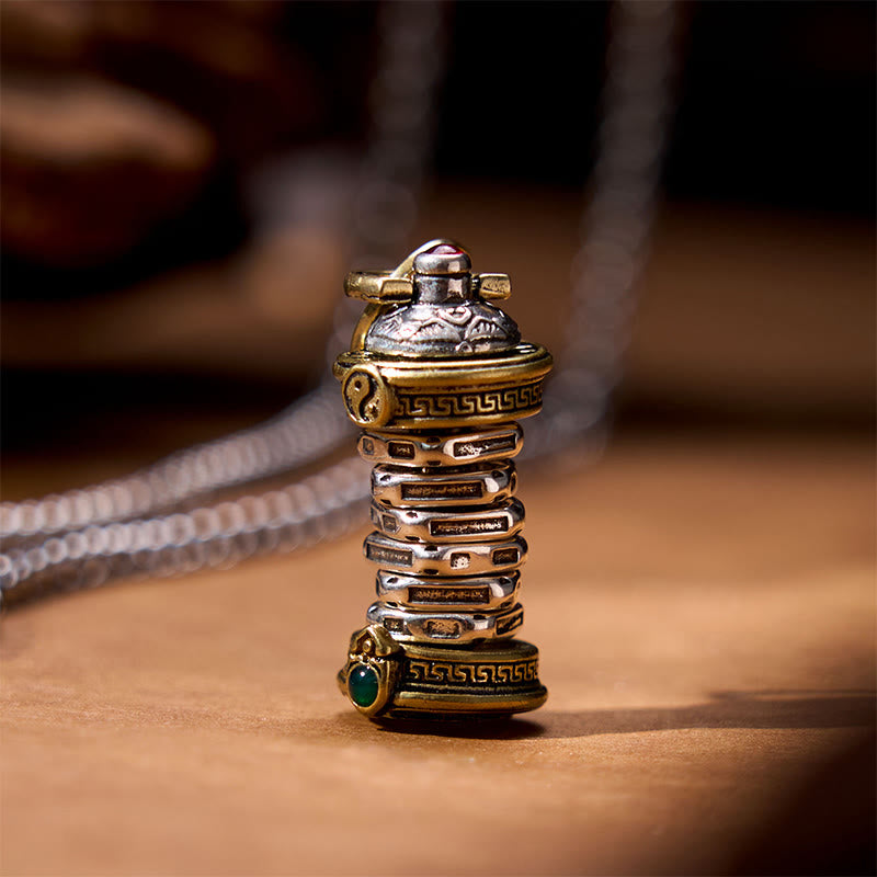 Yin Yang Tower Copper Balance Rotatable Necklace Pendant – Stacked silver and gold pendant with yin-yang, gemstone accents