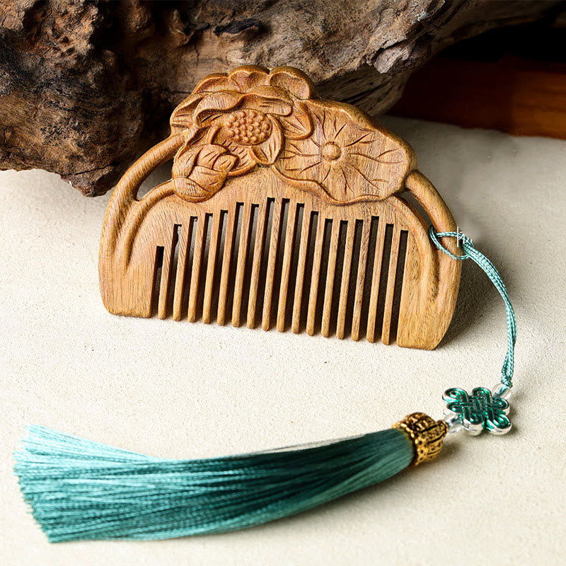 Green Sandalwood Lotus Leaf Engraved Soothing Comb – Green Sandalwood Comb(Simple Style), image 2