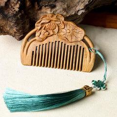 Natural Green Sandalwood Lotus Flower Leaf Engraved Soothing Comb