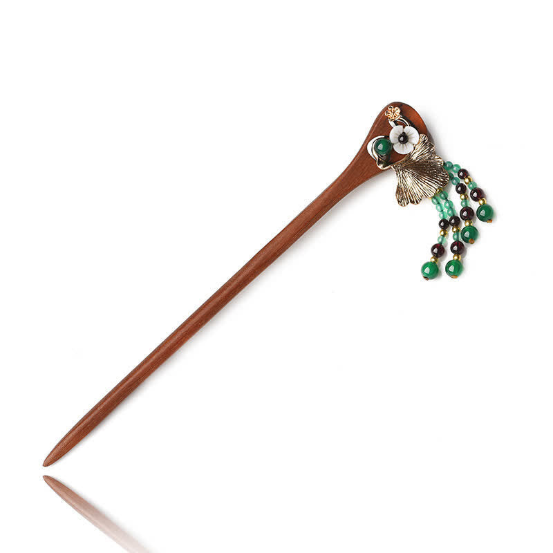 Red Sandalwood Green Agate Hairpin, wooden hairpin with gold ginkgo leaf and green agate tassels, white background