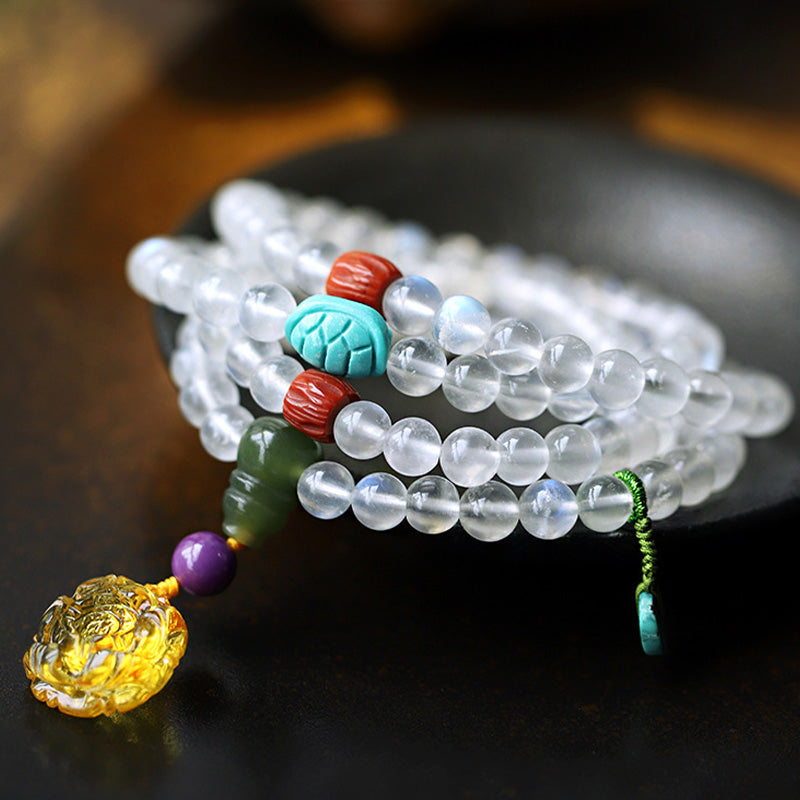 108 Mala Moonstone Amber Turquoise Lotus Bracelet Secondary image