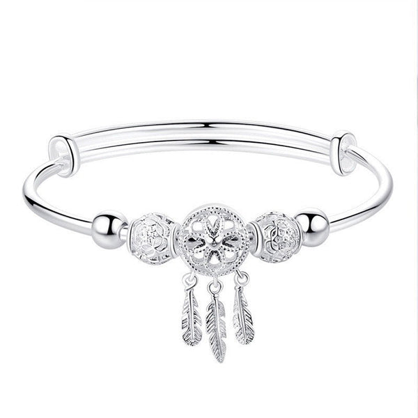 Dream Catcher Blessing Bracelet – Straight-on silver bangle on clean white background, front view product shot