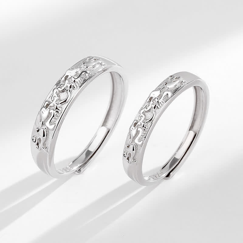 925 Sterling Silver PiXiu Couple Ring – pair standing side by side on white, silver engraved detail, feng shui wealth good luck