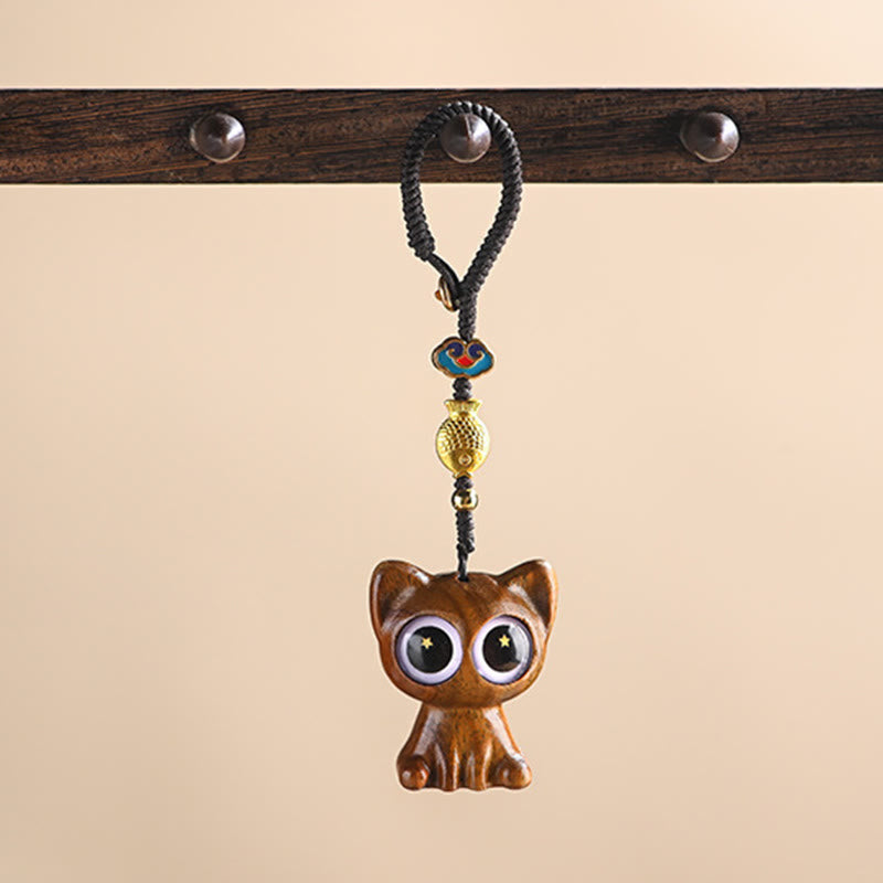 Green Sandalwood Phone Charm – side profile, lucky cat and koi fish depth, wooden keychain