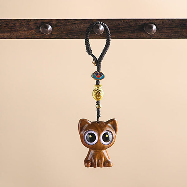 Green Sandalwood Phone Charm – side profile, lucky cat and koi fish depth, wooden keychain